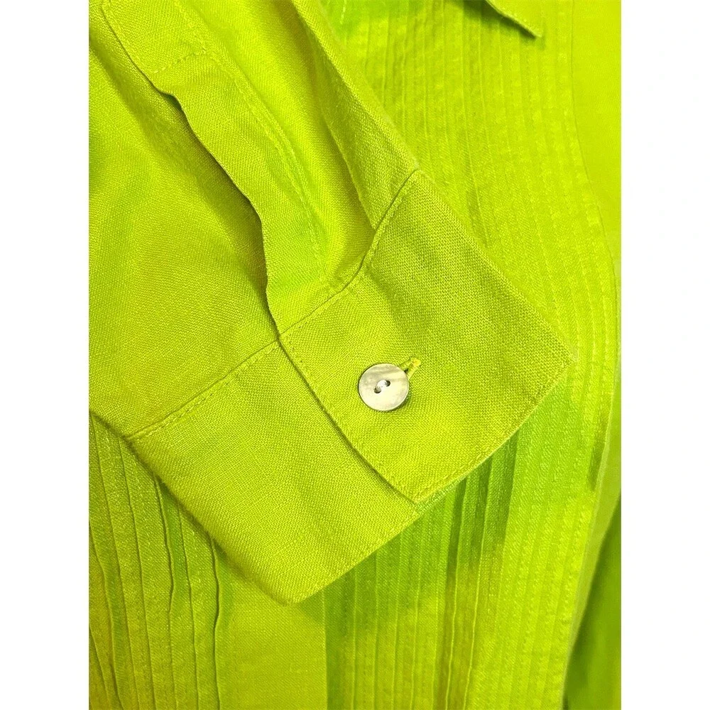 100% Linen Pintuck Pleated Top Green Workwear Vacation Lightweight Breathable - Picture 6 of 9